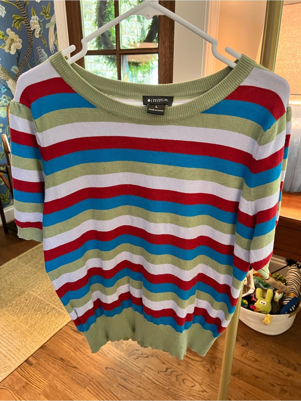 Striped Crewneck Sweater in Olive, Red, Blue & White - Lightweight Knit